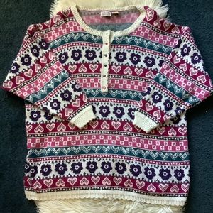 Vintage heart & flower knit sweater oversized 'one size' green, pink, cream
